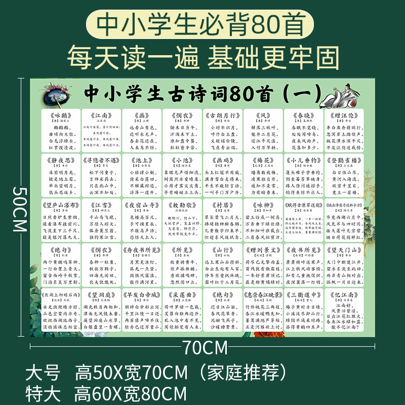 小学生必背古诗词大全80首儿童唐诗挂图学习拼音字母表墙贴画贴纸,家居饰品,软装墙贴,淘宝优惠券,粉丝福利购,淘宝优惠卷