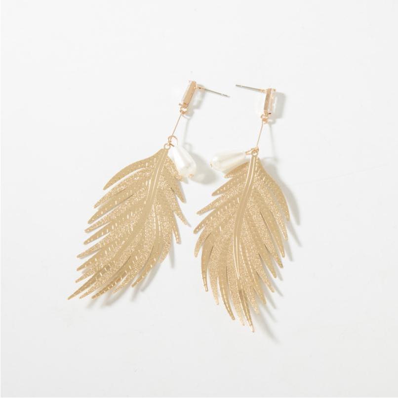 B311韩国时尚网红气质耳钉简约金属羽毛长款耳环珍珠夸张叶子耳饰