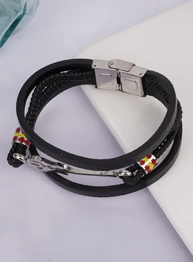 2023欧美男士复古真皮不锈刚男士吉他多层编织皮绳黑色送男友手镯