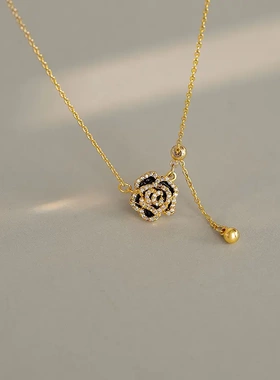 s925银复古山流苏项链女黑色滴胶花朵镶钻高级感锁骨链