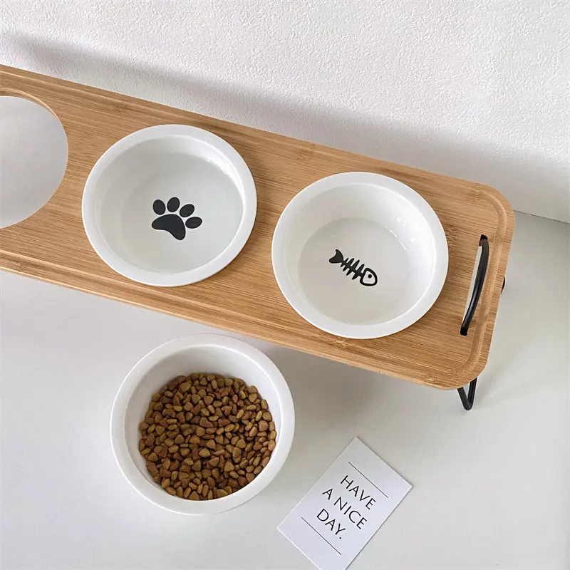 猫碗双碗猫食盆陶瓷狗饭盆猫咪喂水碗平口碗防打翻宠物碗木架