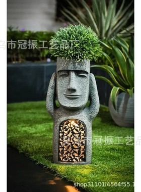 太阳能花园看听说复活节树脂摆件led庭院家居设计复活节岛装