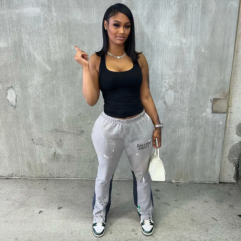 k22pt362欧美女装2022秋季新款印花撞色拼接口袋喇叭长裤休闲裤女