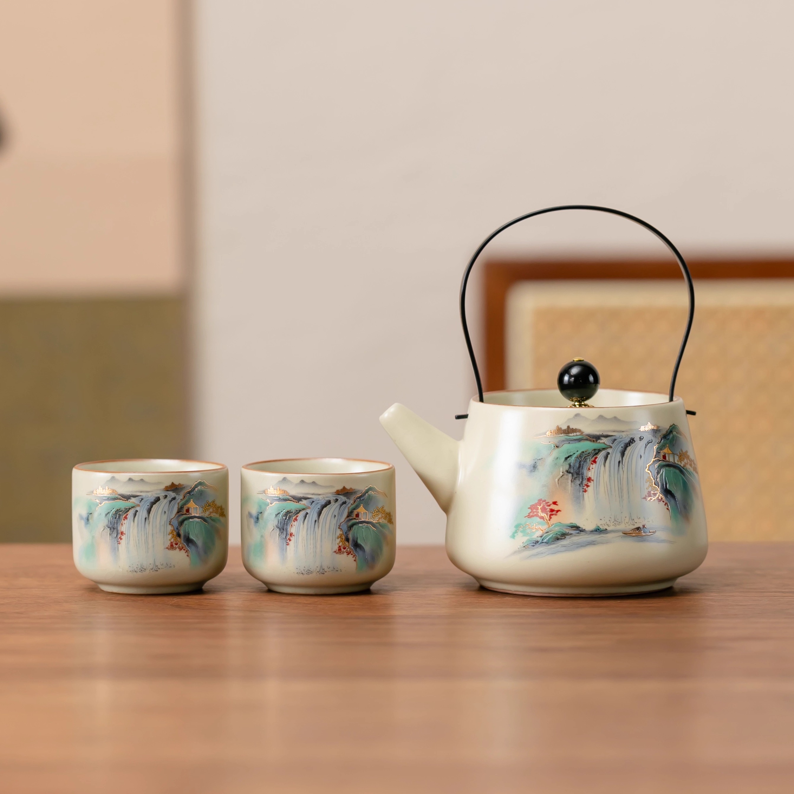 高档汝窑提梁壶一壶两杯功夫茶具