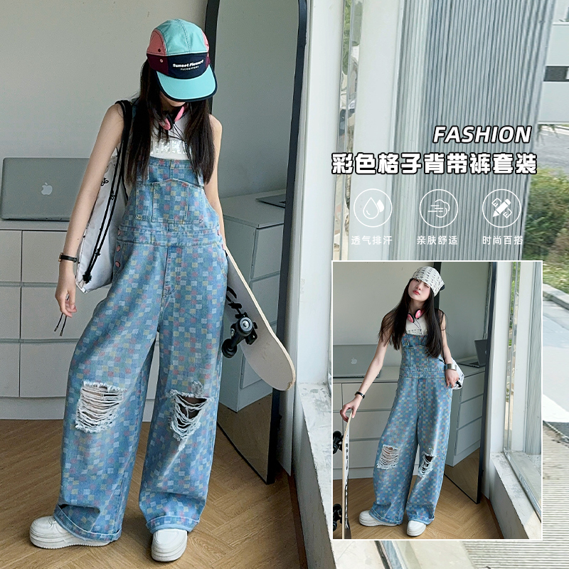 女童夏季设计感破洞牛仔背带裤儿童彩色格子宽松连体裤大童阔腿裤