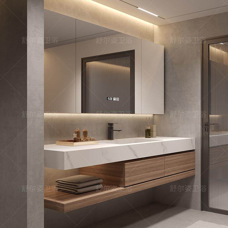 高端简约岩板陶瓷无缝一体盆浴室柜组合化妆室洗漱台洗手盆洗脸盆