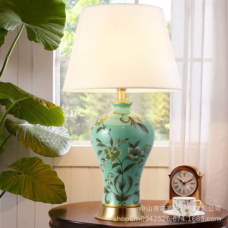 工厂直批全铜绿色花草陶瓷台灯客厅书房卧室床头灯样板房装饰台灯
