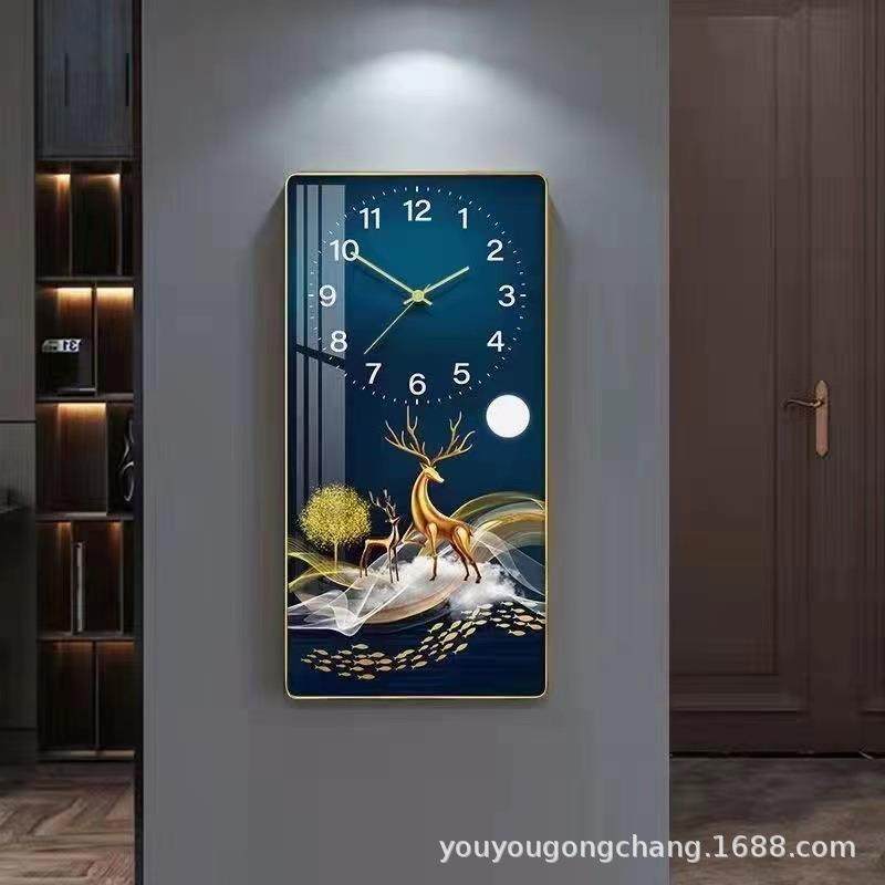 入户玄关装饰画现代简约轻奢走廊过道挂画竖版时钟墙壁画麋鹿大气