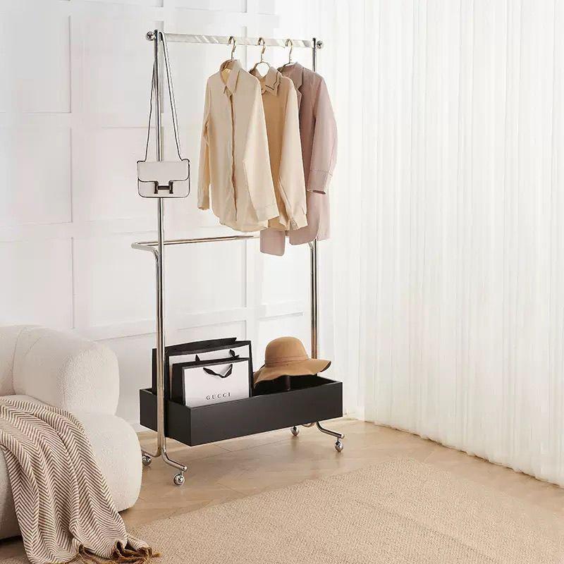 不锈钢实木挂衣架衣帽架子中古简约落地可移动可收纳高档家用卧室