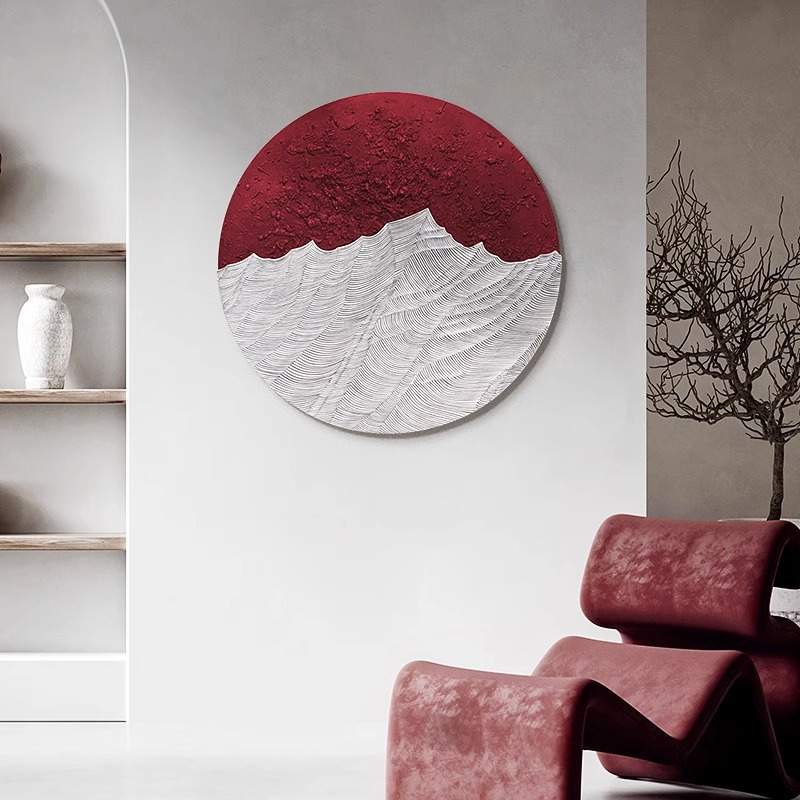 新中式立体玄关装饰画圆形无框画手绘肌理挂画现代简约高级感壁画图片