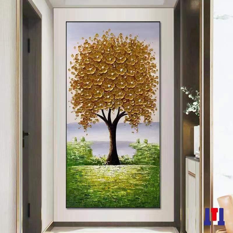 手绘油画客厅玄关装饰画立体厚油肌理发财树抽象走廊过道竖版挂画图片