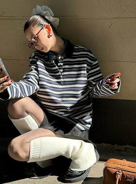 时髦洋气复古拼接秋冬撞色条纹加厚POLO衫长袖T恤24T395