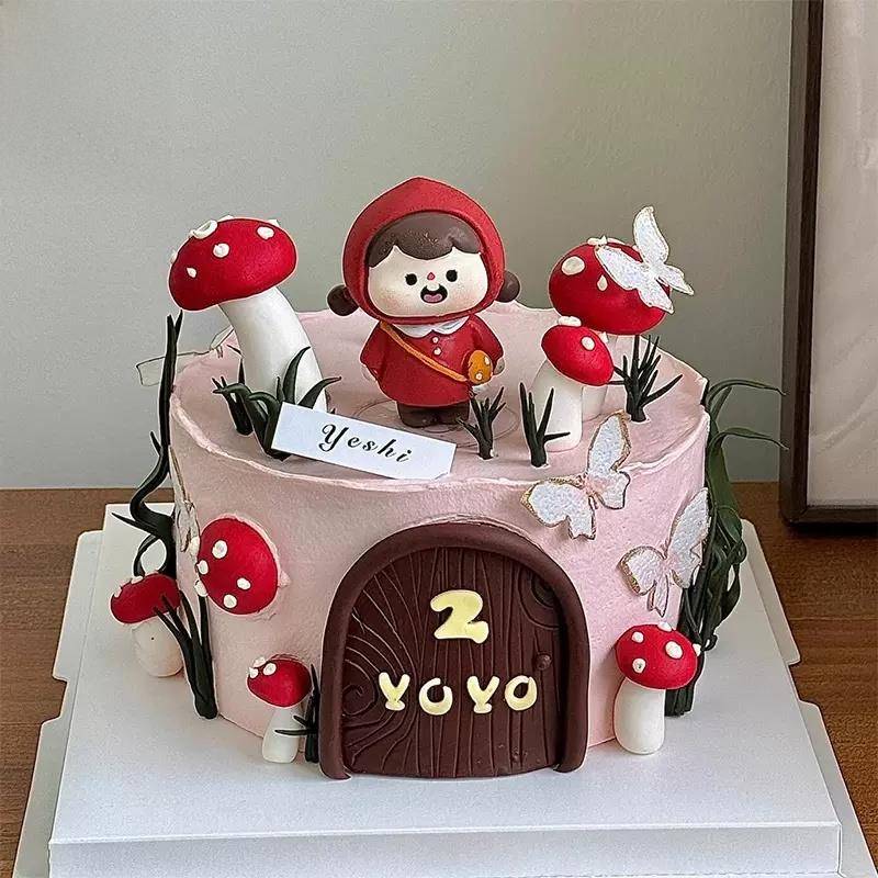 可爱的小红帽摘蘑菇蛋糕装饰小公主孩子一周岁生日蝴蝶装