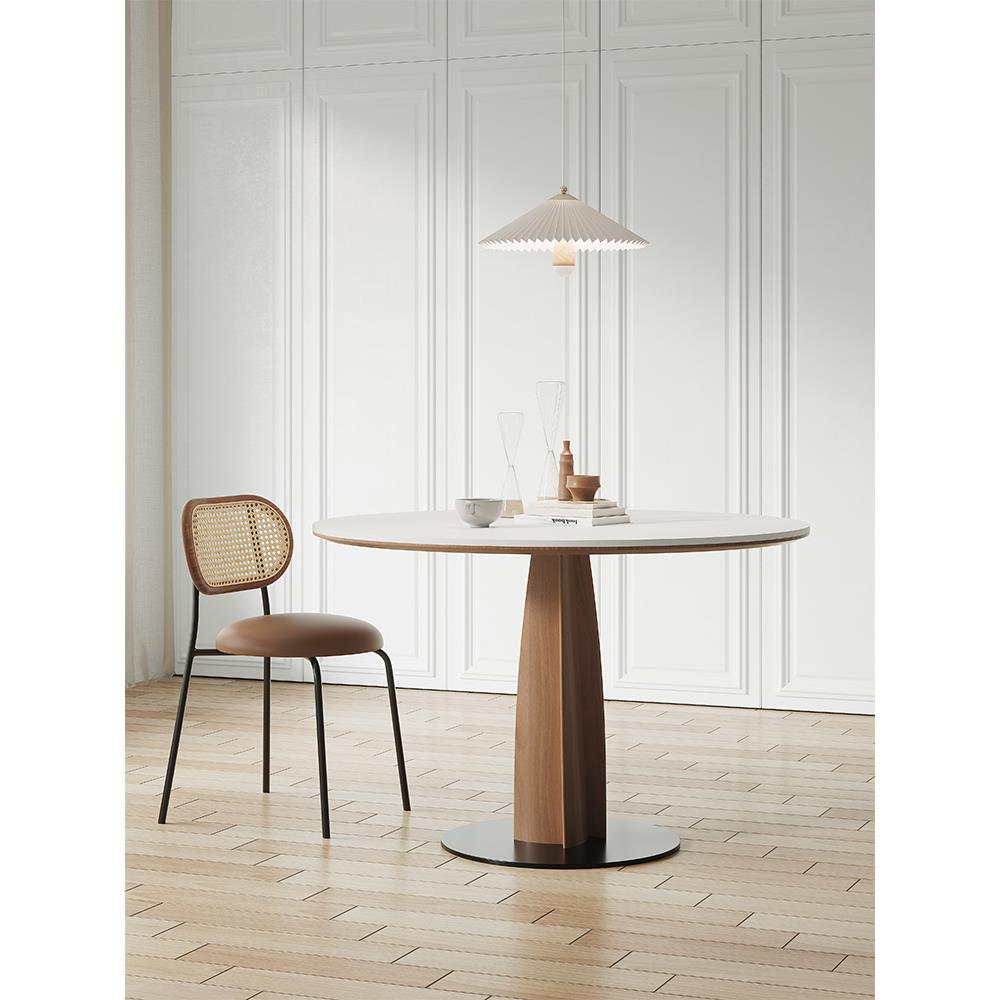 实木餐桌家庭小公寓纯黑色法国Wabi-Sabi风格谈判桌德利丰石板圆