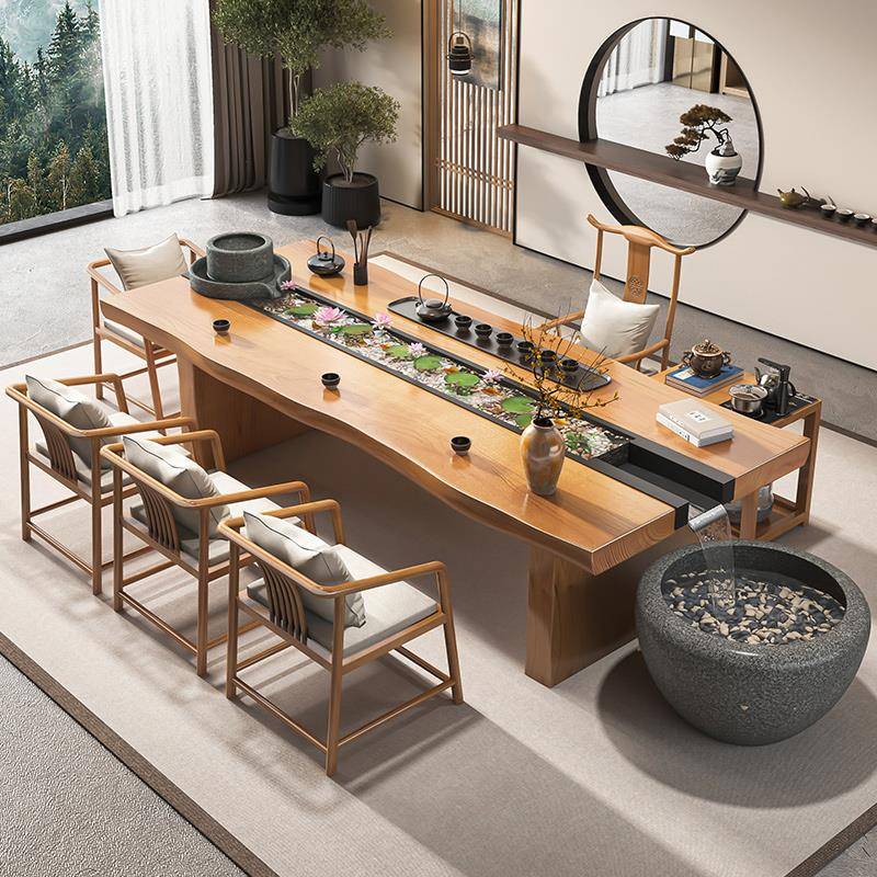 流水茶桌景观一体养鱼循环新中式茶台办公室实木大板喝茶桌椅组合