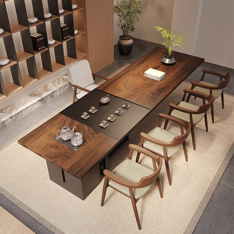 高端南美胡桃木茶桌茶台内嵌茶盘烧水壶办公室茶室大型茶桌椅组合
