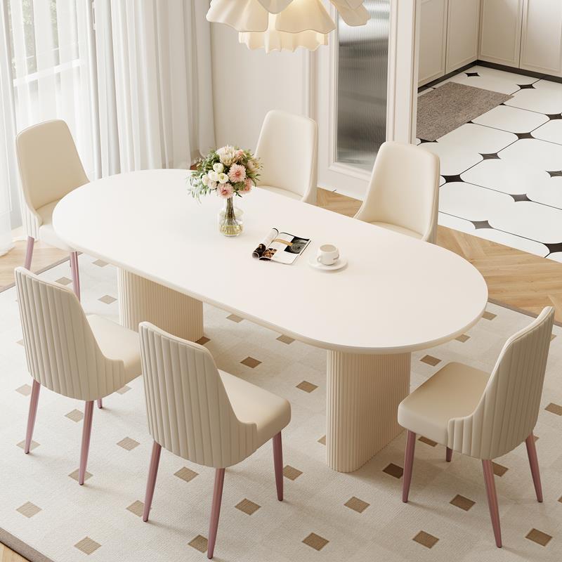 法式奶油风岩板餐桌现代简约轻奢家用小户型白色椭圆形覆古餐桌椅