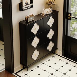 法式覆古超薄翻斗鞋柜实木家用室内极窄款入户门口轻奢高级感黑色