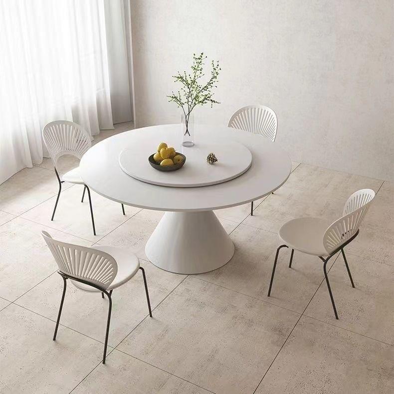 餐桌小户型奶油风纯白带转盘现代简约圆形饭桌家用岩板圆形餐桌