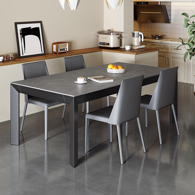 意式极简岩板餐桌椅铝合金长方形法式黑色餐桌小户型家用饭桌