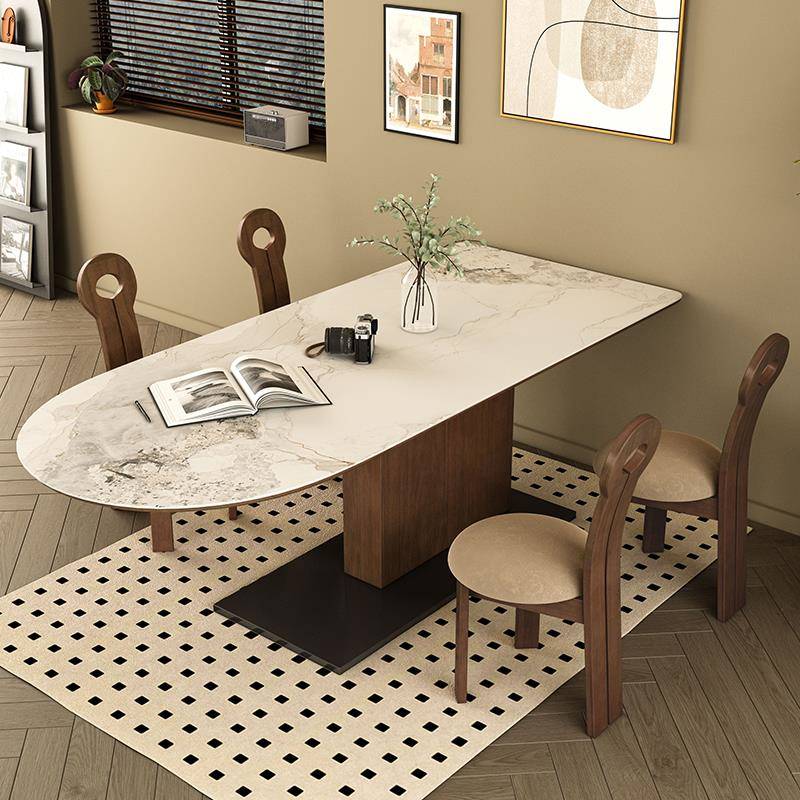 奶油风岩板餐桌现代简约轻奢小户型家用创意实木饭桌岛台餐桌一体