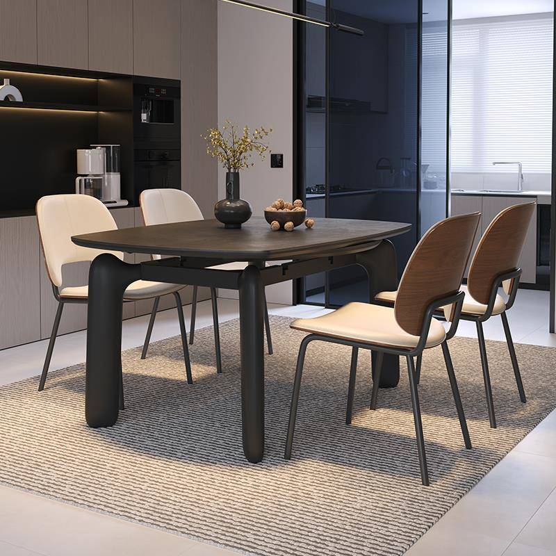 意式极简纯黑色岩板可伸缩餐桌椅现代简约家用小户型方圆两用桌子