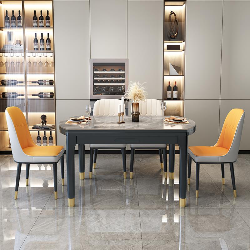 轻奢岩板餐桌椅组合现代简约家用小户型饭桌伸缩折叠实木圆形桌子