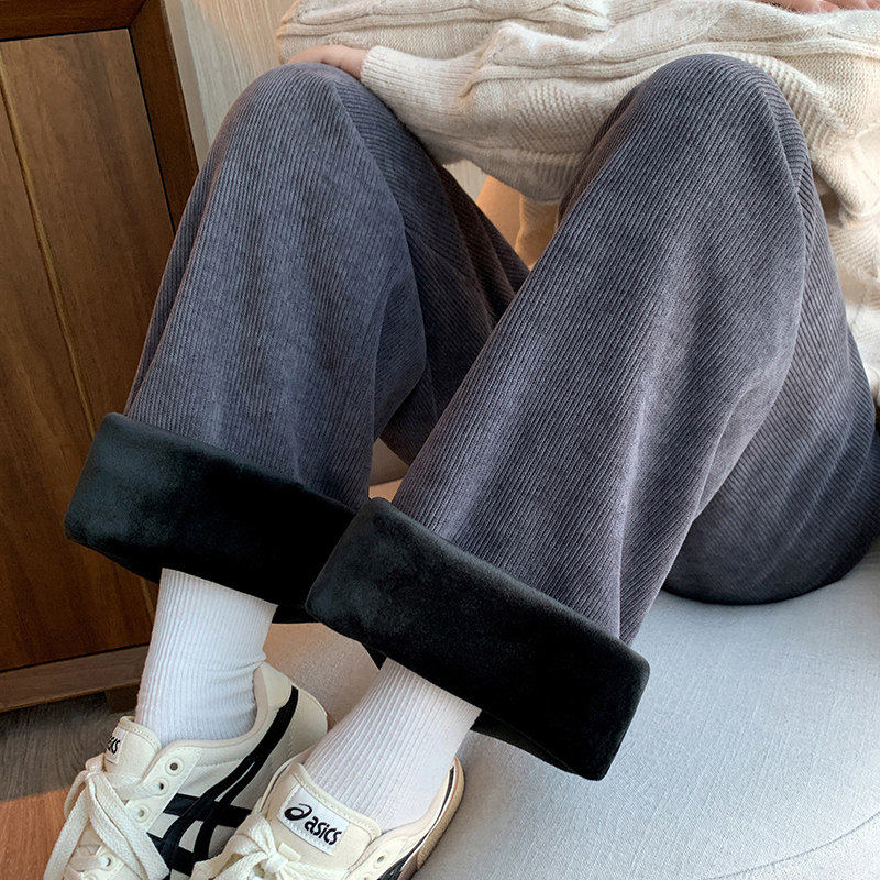 白色加绒阔腿裤女秋冬2025新款高腰垂感加厚小个子保暖灯芯绒裤子