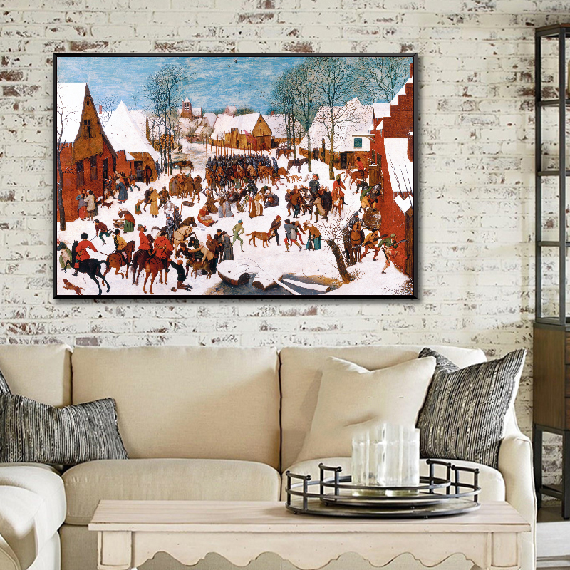 勃鲁盖尔 雪中猎人新古典装饰画酒吧酒店客餐厅复古玄关壁挂画图片