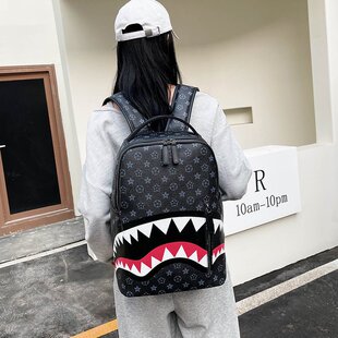 男士双肩包旅行包时尚格子背包学生书包大容量鲨鱼大包街头潮流男