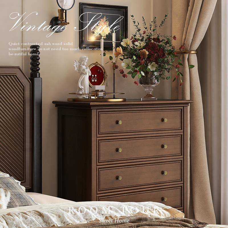 复古美式实木五斗柜卧室靠墙储物柜客厅收纳柜法式中古床尾置物柜