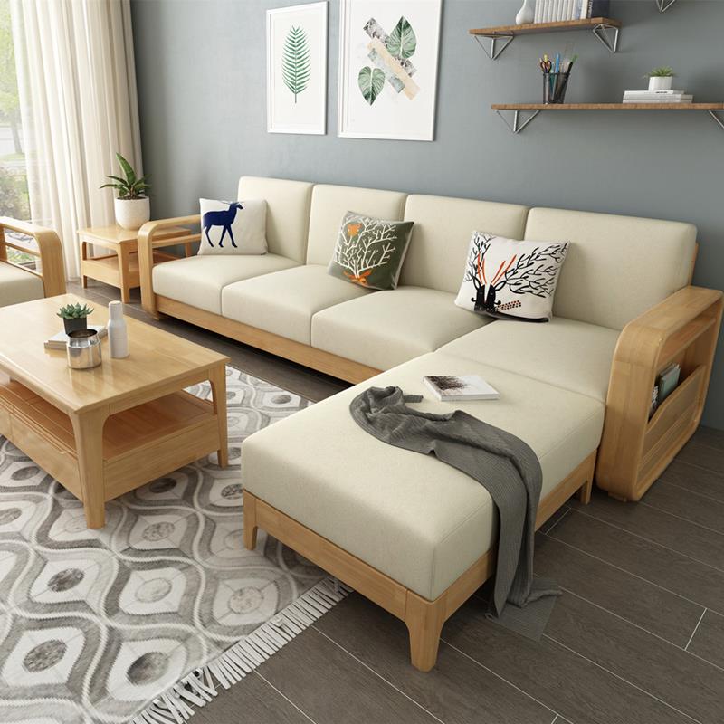北欧实木沙发床组合现代简约小户型转角贵妃布艺沙发客厅木质家具