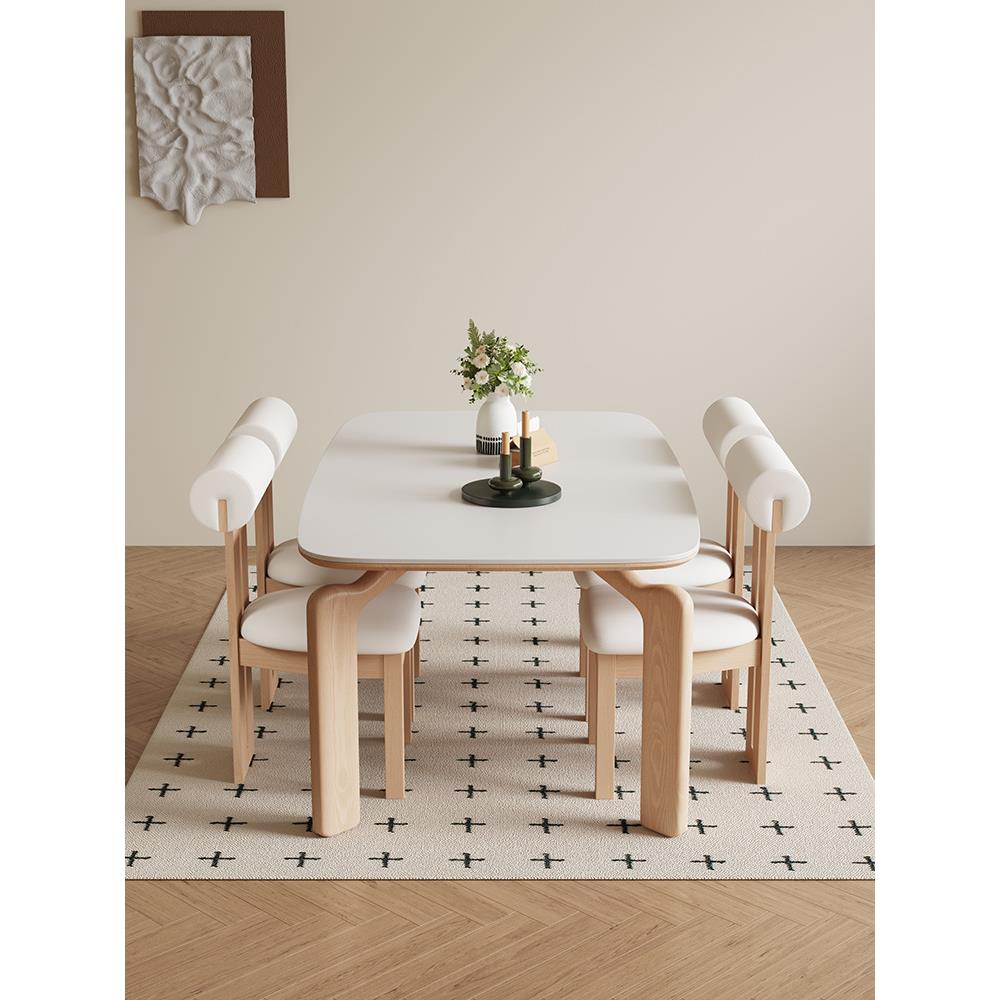 原木奶油风实木岩板餐桌白蜡木大象腿现代简约长方形小户型吃饭桌