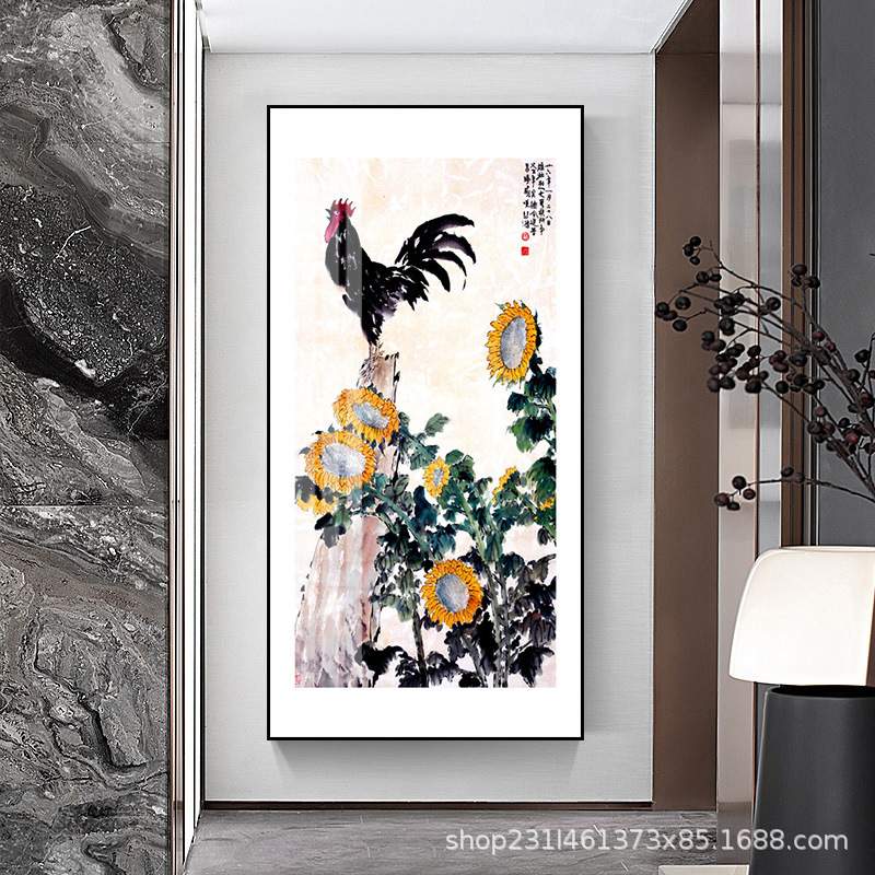 徐悲鸿雄鸡图玄关装饰画金鸡报晓客厅挂画新中式走廊过道墙面壁画图片