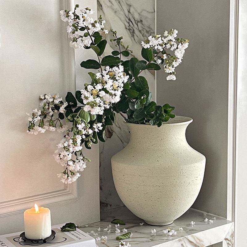 粗陶花器复古陶罐大口径陶土陶瓷花瓶摆件白色绿植插花日式花盆