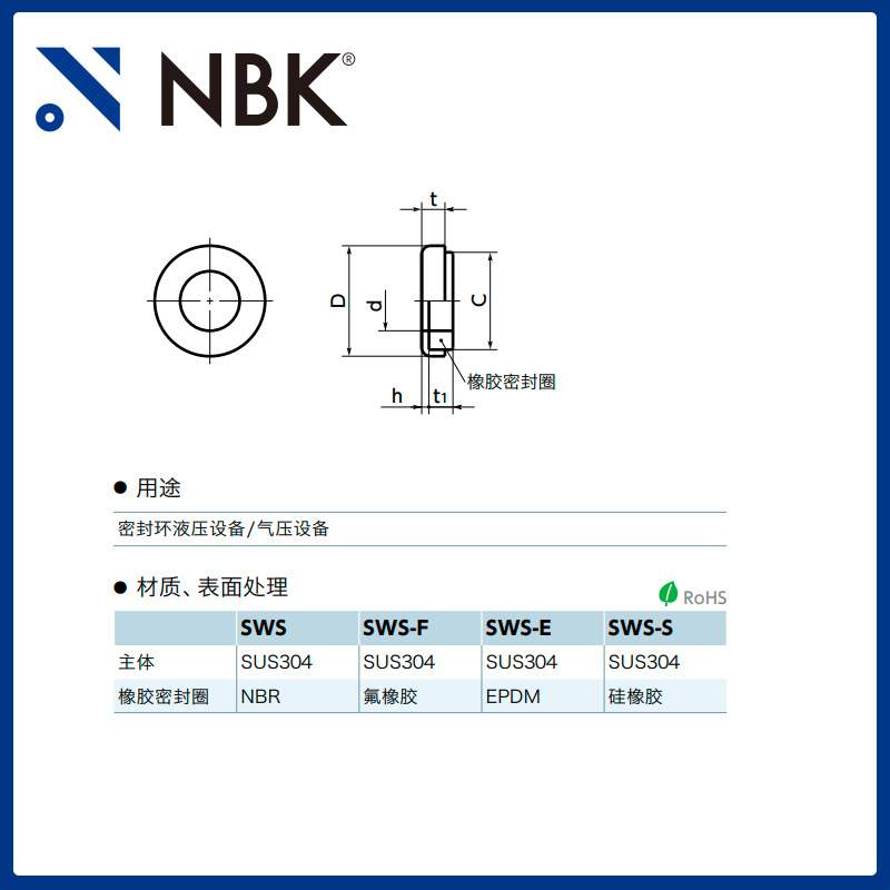 NBK SWS密封垫圈平垫片止动片不锈钢插件密封环
