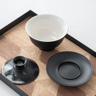 粗陶手绘三才盖碗不烫手敬茶碗家用复古功夫泡茶碗茶杯茶具用品