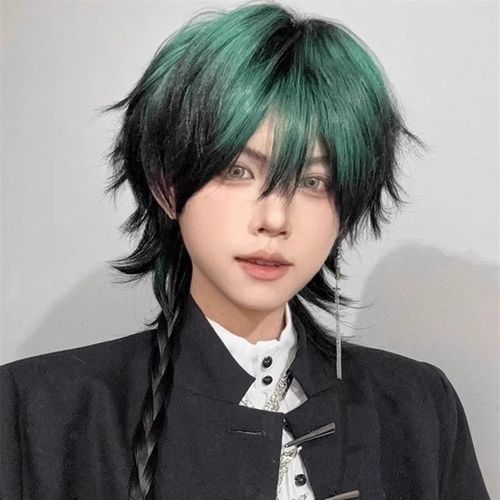 黑绿渐变狼尾短发全头套男cos个性帅气爆顶染鲻鱼头自然仿真发套