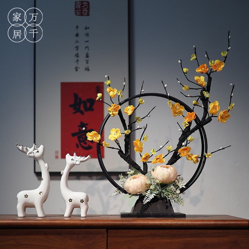 新中式仿真梅花摆设家居客厅玄关装饰品娟布手工插花铁艺花篮摆件