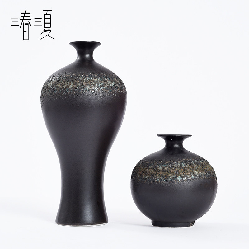 新中式陶瓷大花瓶黑色净瓶样板房禅意做旧泡泡釉梅瓶摆件软装饰品