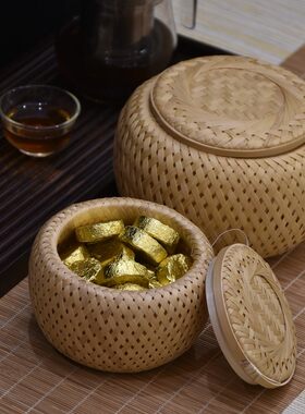 纯手工茶叶罐 竹编双层竹篓 普洱小沱茶竹罐包装礼品盒茶叶盒竹箩