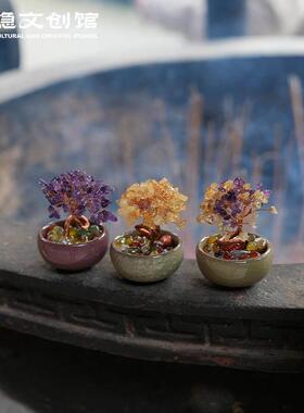 灵隐文创馆发财树摆件黄水晶风水玄关招财桌面摆件办公室水晶摆件