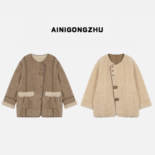 女圆领慵懒风宽松两面穿颗粒羊毛外套K25119