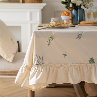 素雅杏色花草绣花桌布裙摆边褶皱荷叶木耳边茶几桌布装饰餐桌布