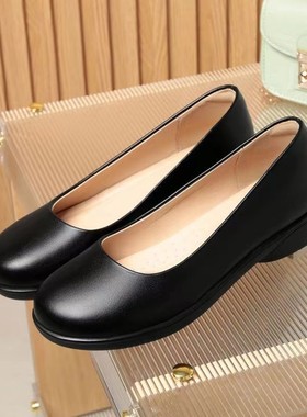 卡迪高圆头空乘工作鞋女鞋黑色皮鞋久站不累软底防滑职业平底单鞋