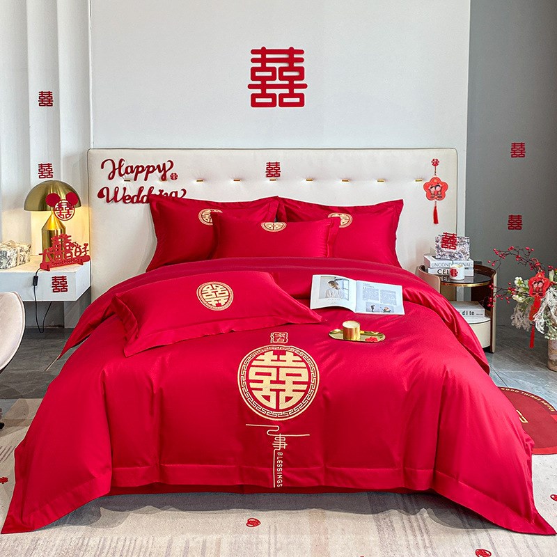 中式刺绣澳棉磨毛婚庆四件套大红色床单被套多件套结婚床上用品4