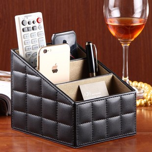 创意桌面三格收纳盒 家用遥控器皮质储物盒 组织者文具收纳座