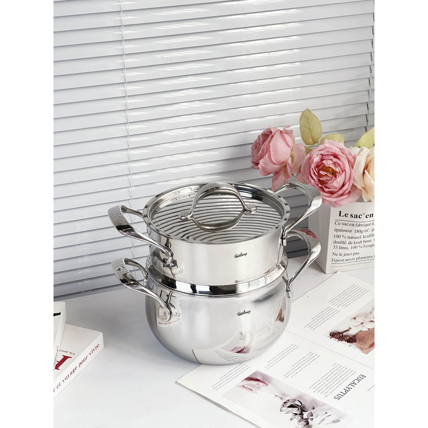 菲仕朗18/10不锈钢汤锅蒸锅配蒸笼加厚小炖锅煮面 面煮汤家用20cm