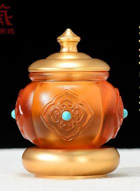 藏村琉璃宝瓶藏式龙王宝瓶八吉祥雕花彩珠镶嵌室内家用桌面摆件