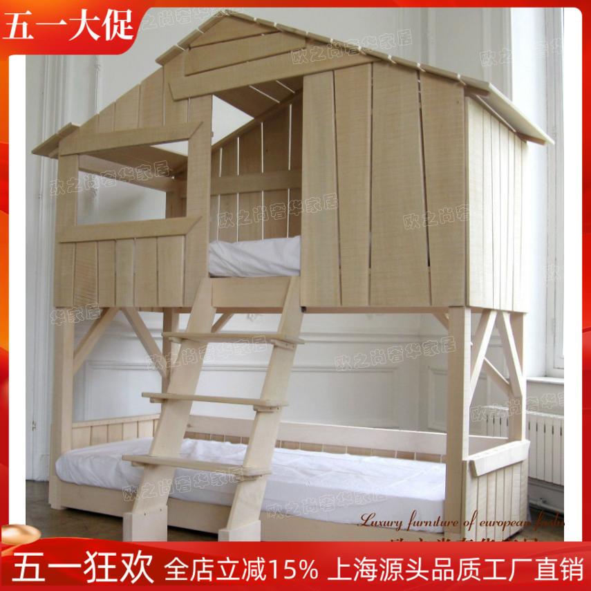 法式实木橡木儿童床美式上下铺高低双层床环保树屋创意男孩女孩床